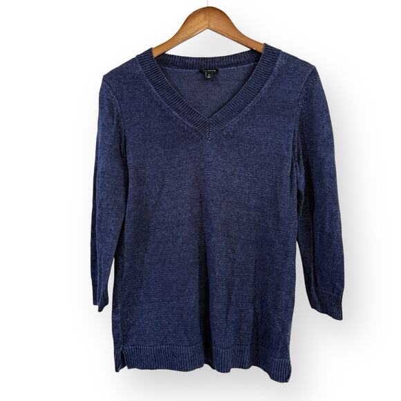 Talbots Womens Medium Sweater 100% Linen V Neck 3/4 Sleeve Navy Blue Indigo - Picture 1 of 7